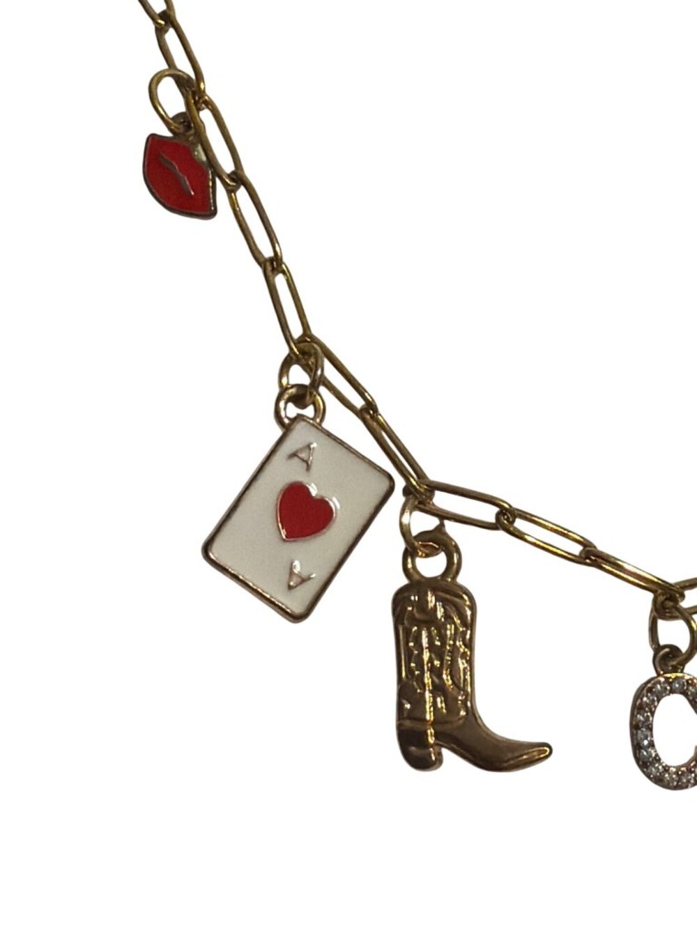 Frodele Western Charm Necklace Gold Tone Paperclip Chain Boot Ace Cherries Adj - Picture 2 of 7